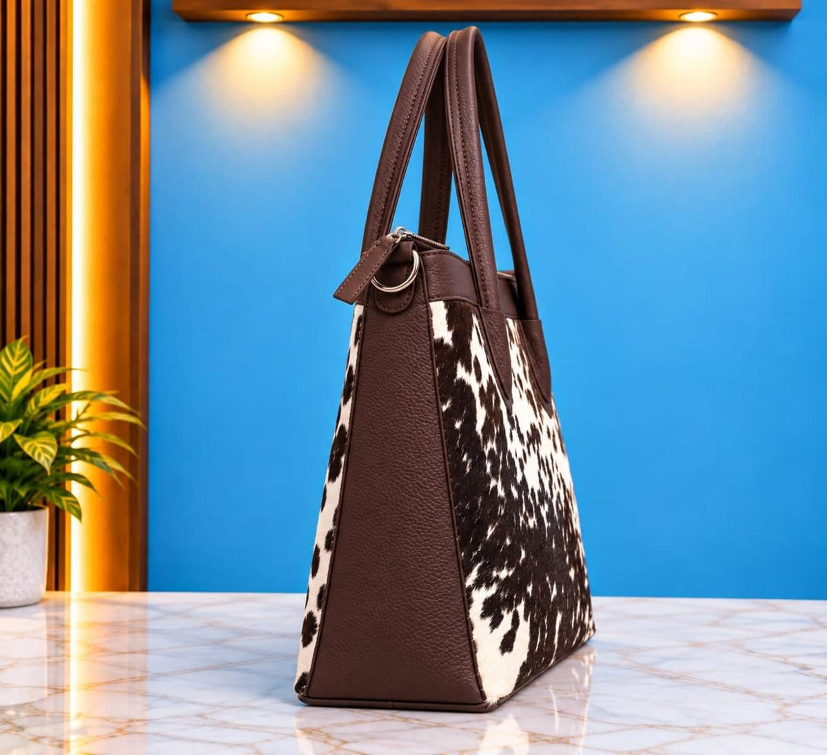 Women's Black & White Cowhide Zip Tote