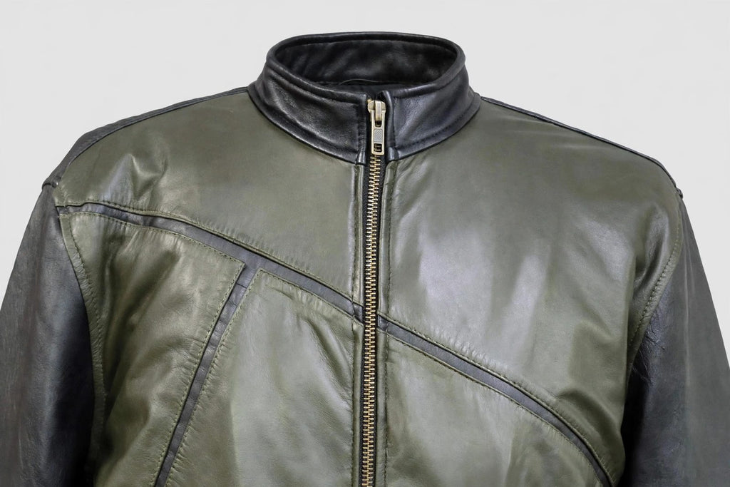 Men's Olive Diagonal Panel Leather Jacket