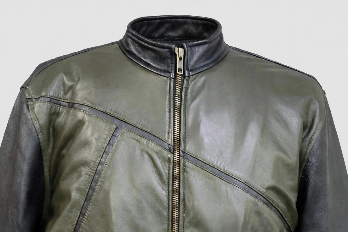 Men's Olive Diagonal Panel Leather Jacket