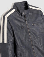 Men's Dark Grey Striped Leather Jacket