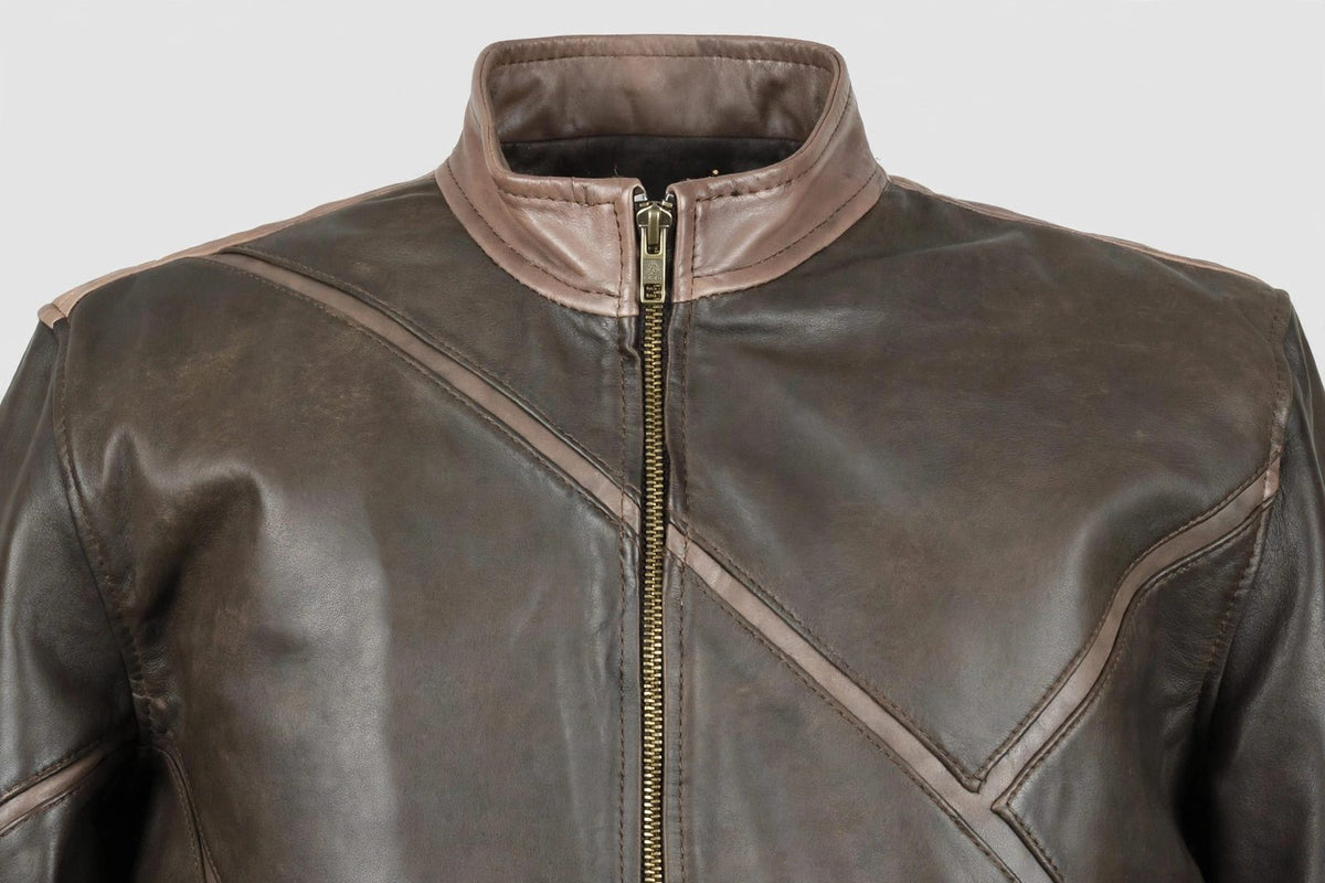 Men's Grey & Brown Diagonal Panel Leather Jacket
