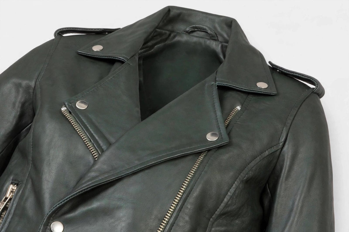 Women's Dark Green Leather Biker Jacket