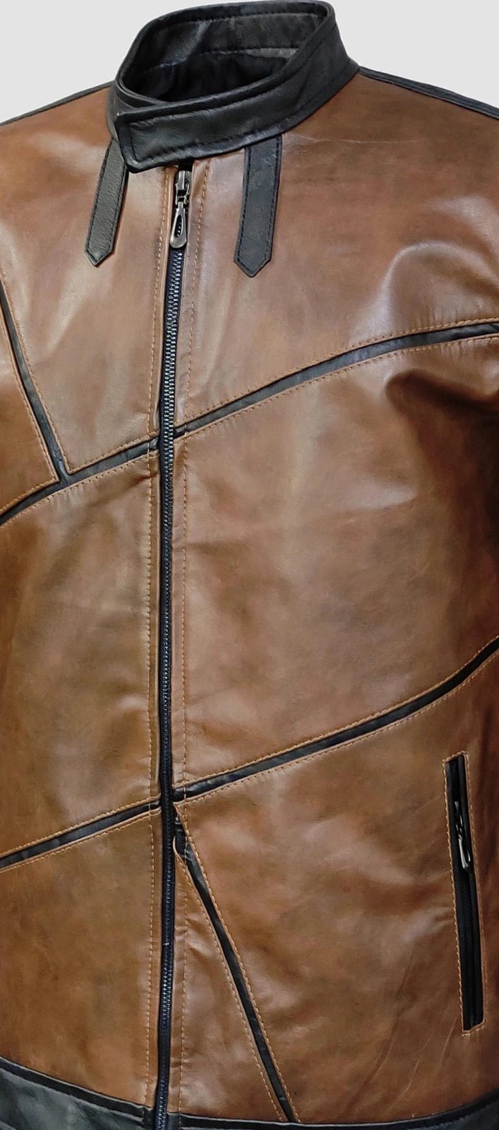 Men's Brown Leather Jacket with Black Trim