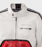 Men's White & Red Racing Leather Jacket