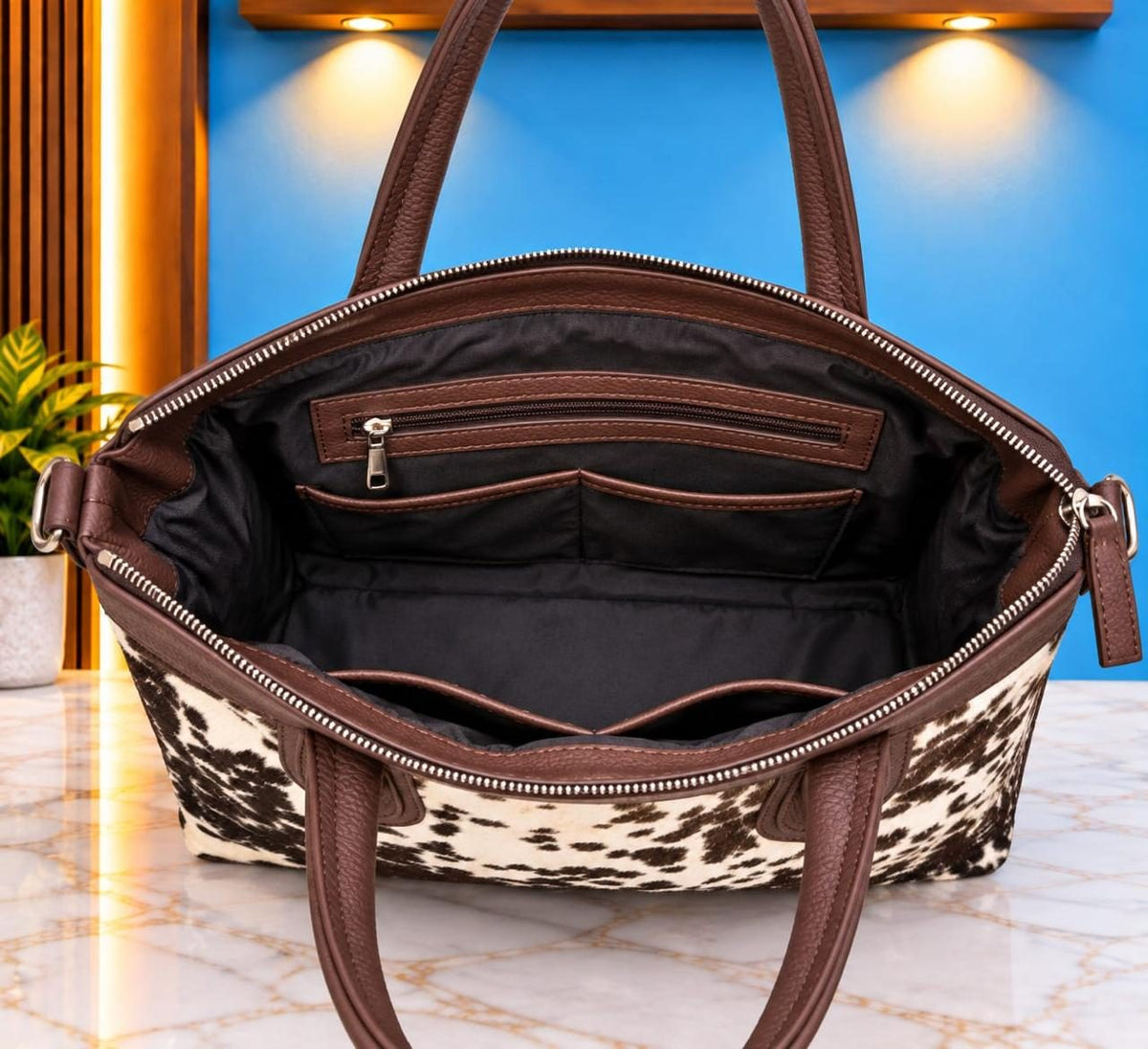 Women's Black & White Cowhide Zip Tote