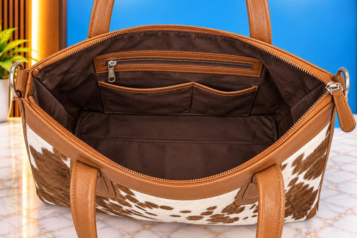 Women's Brown & White Cowhide Zip Tote