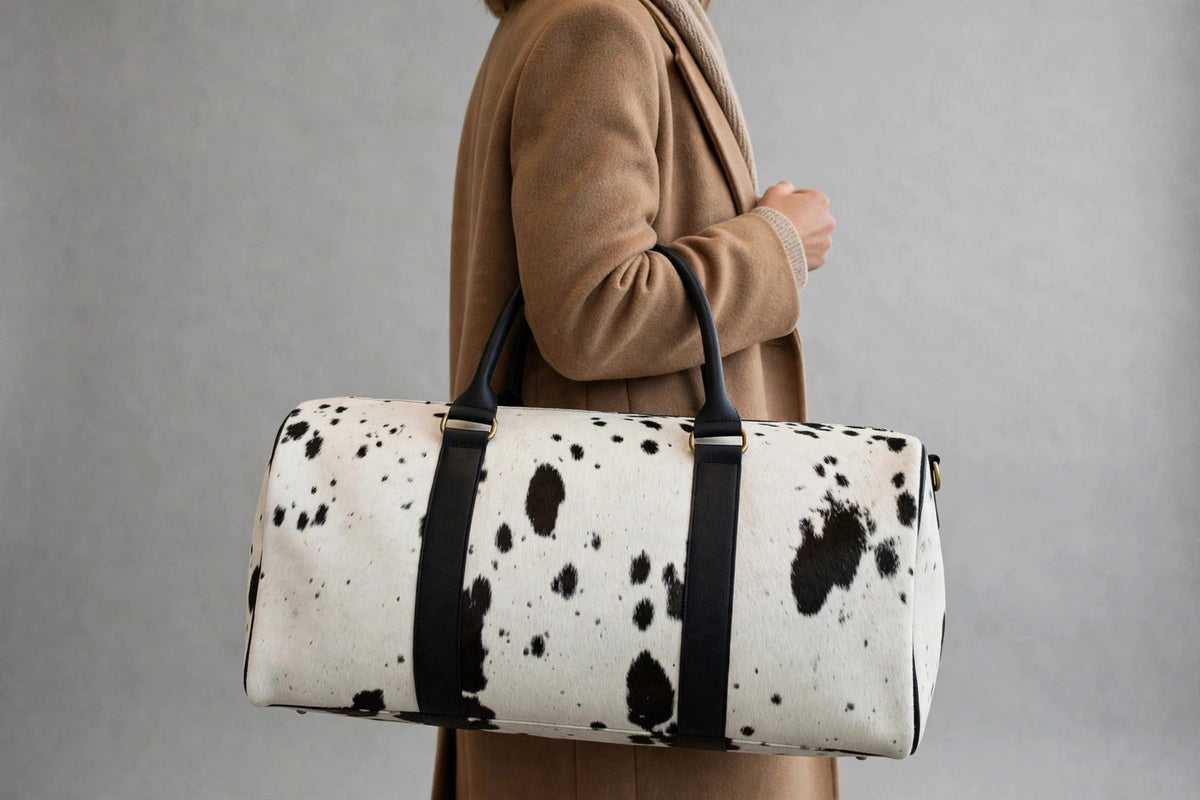 Black & White Speckle Cowhide Leather Duffel Bag