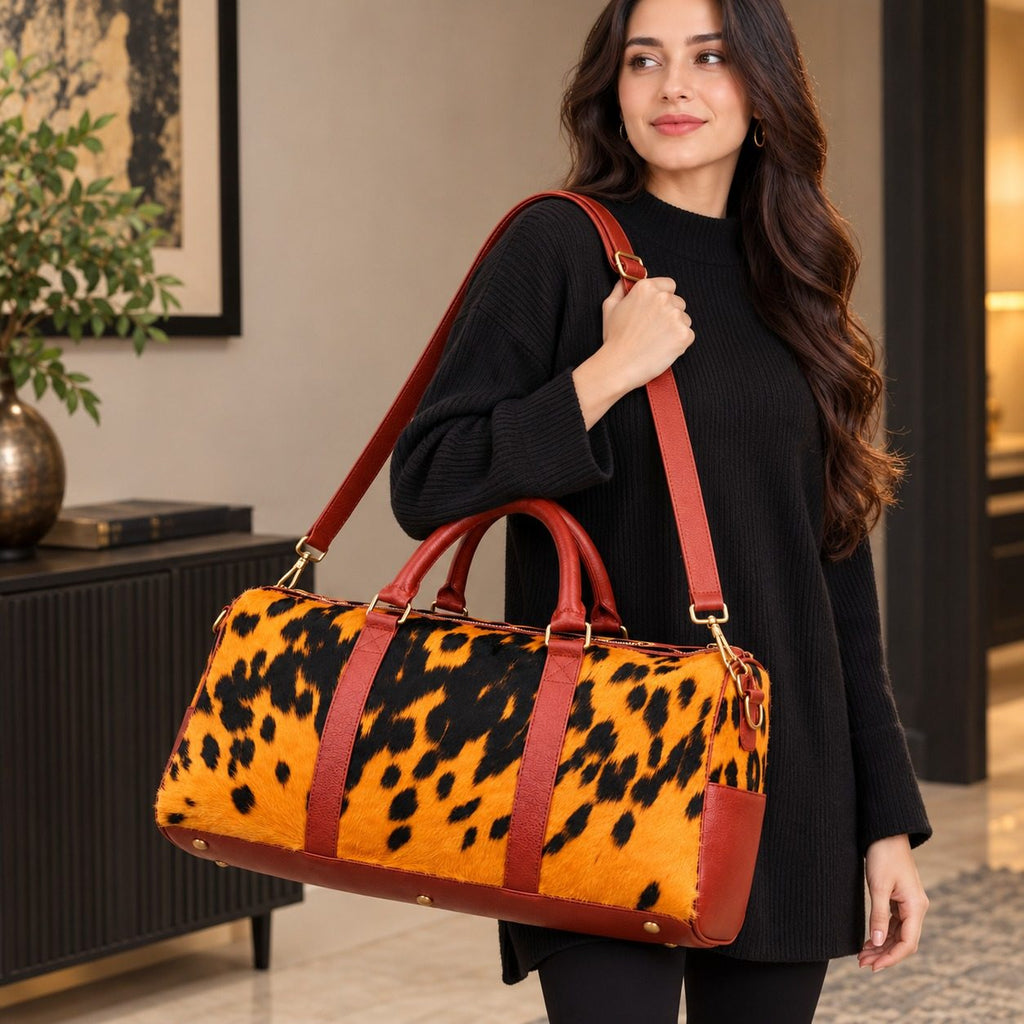 Amber Tortoise Barrel Cowhide Leather Duffel Bag