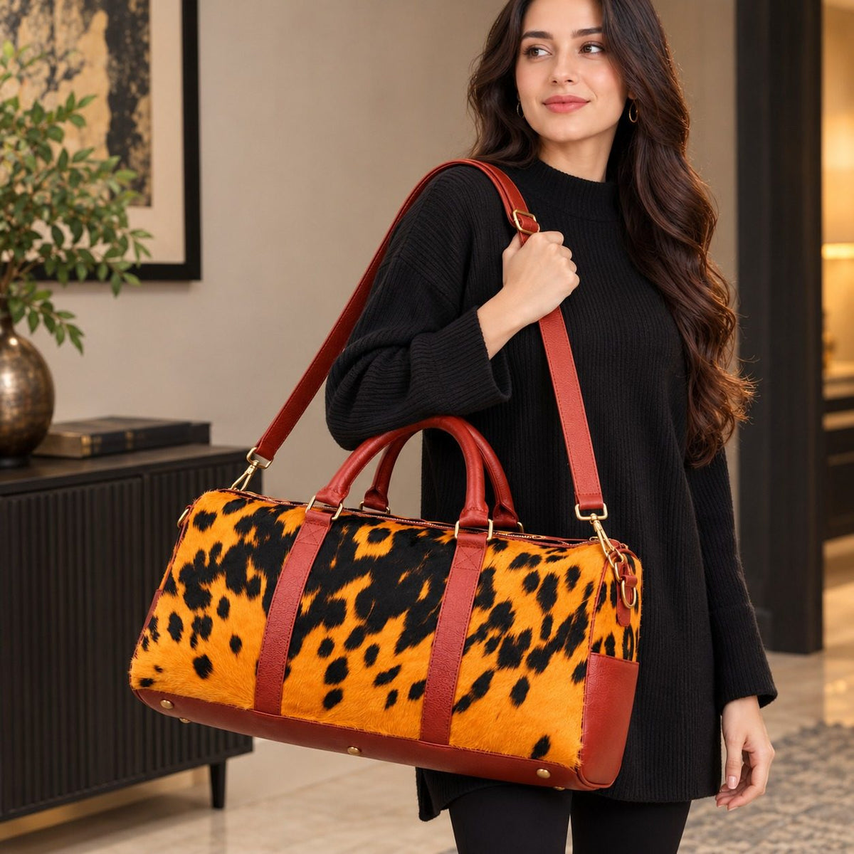 Amber Tortoise Barrel Cowhide Leather Duffel Bag