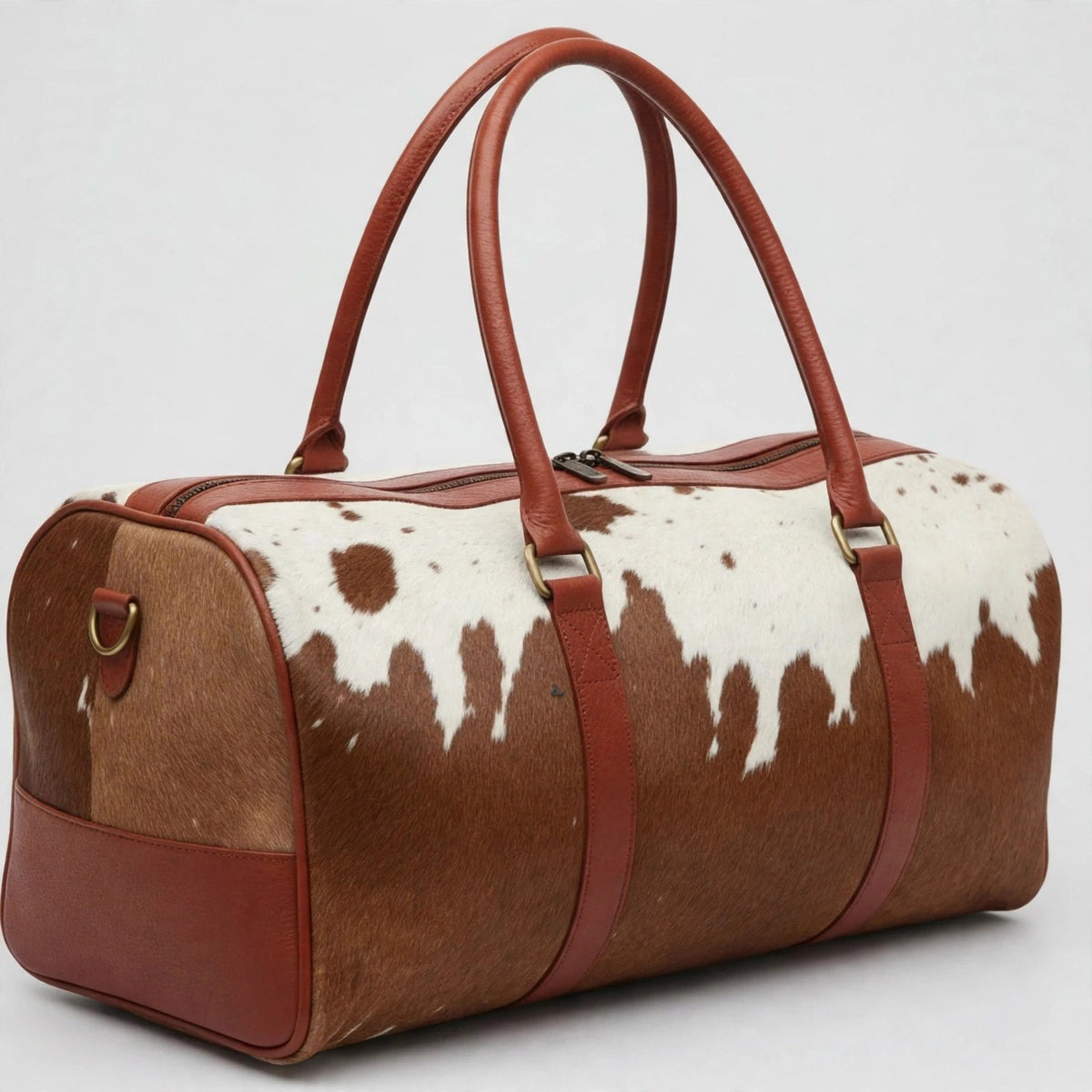 Brown & White Patch Cowhide Leather Duffel Bag