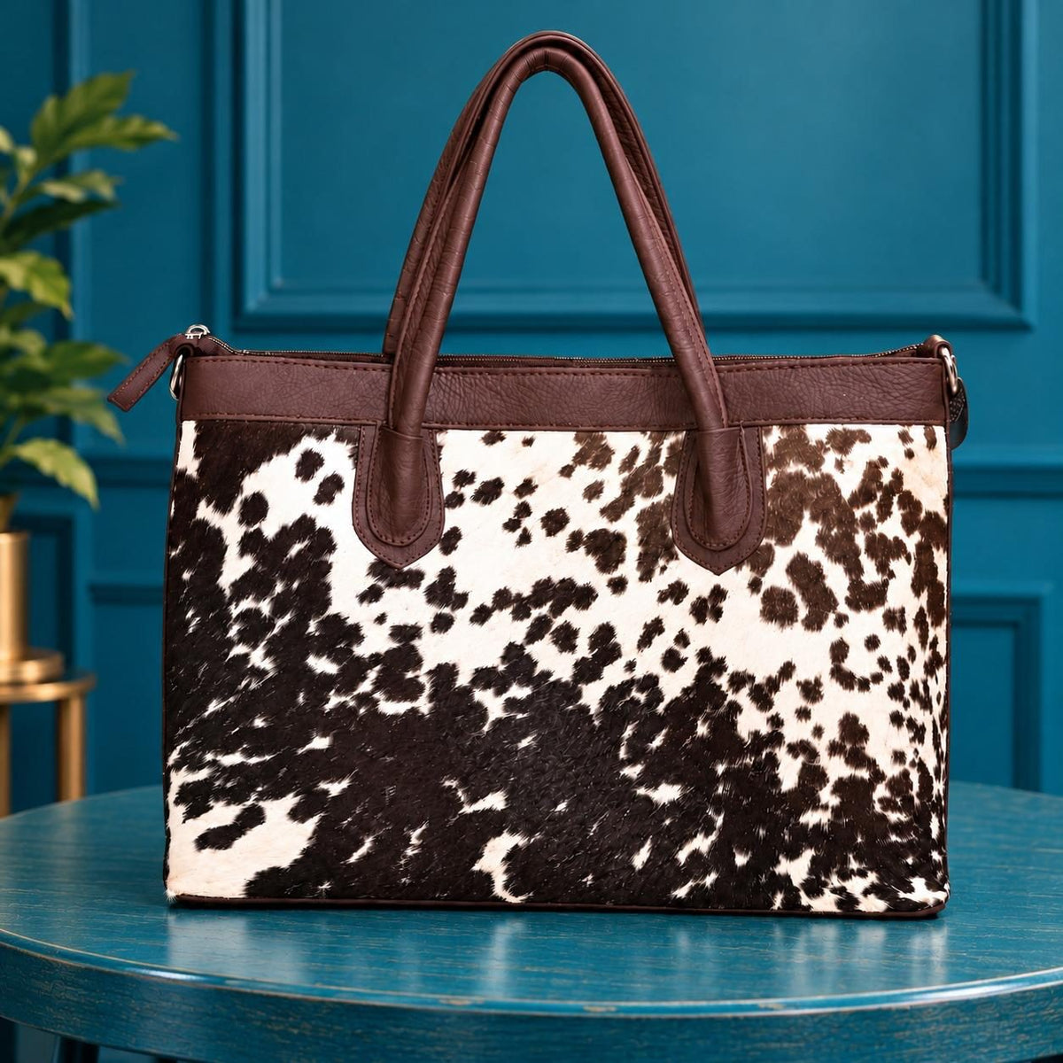 Women's Black & White Cowhide Zip Tote