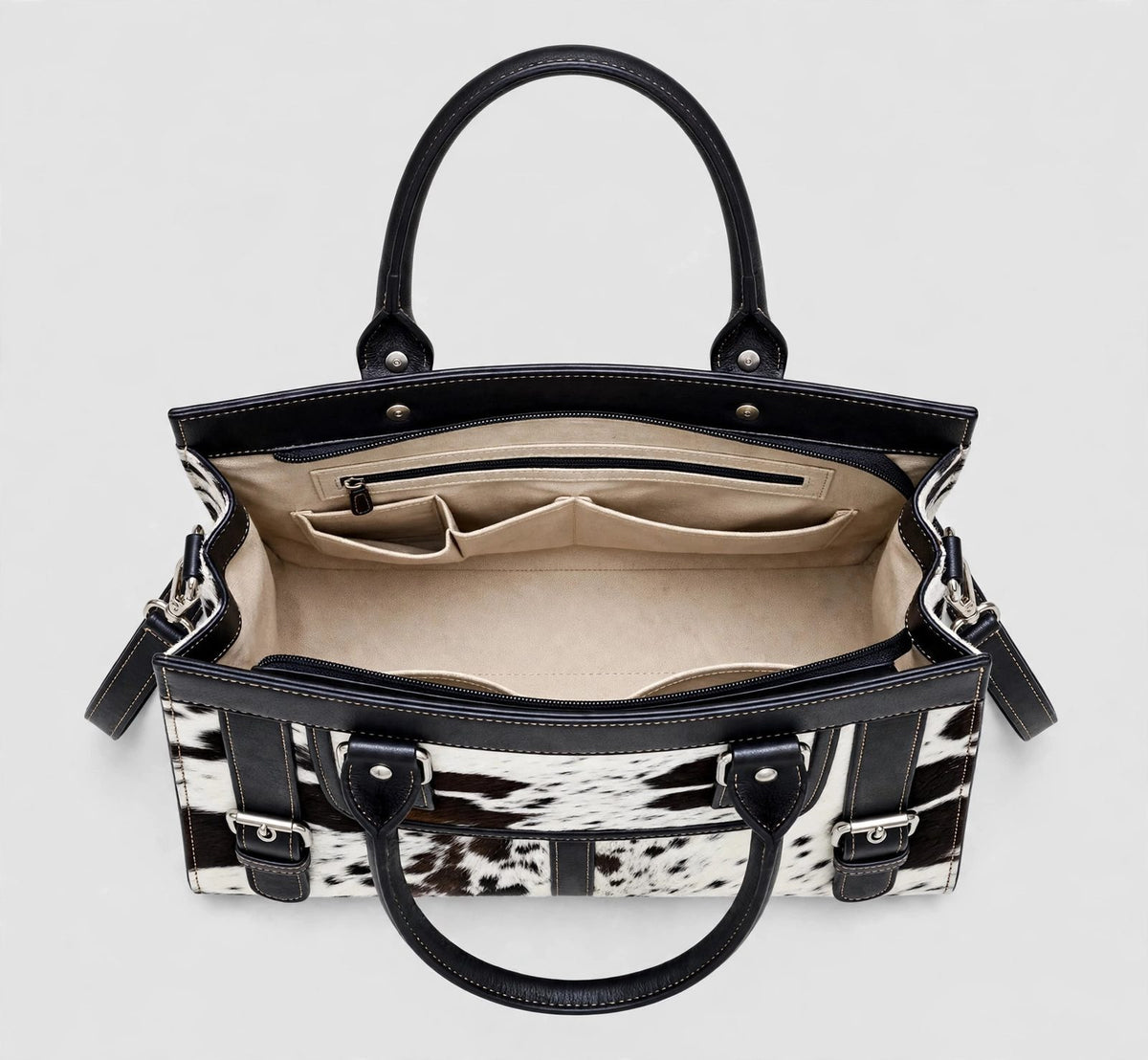 Women's Black & White Cowhide Structured Handbag