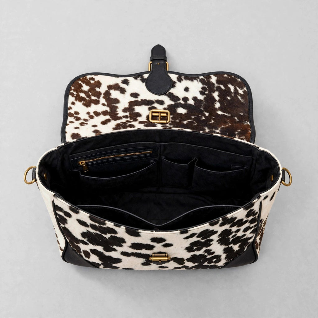 Women's Black & White Speckle Cowhide Buckle Satchel