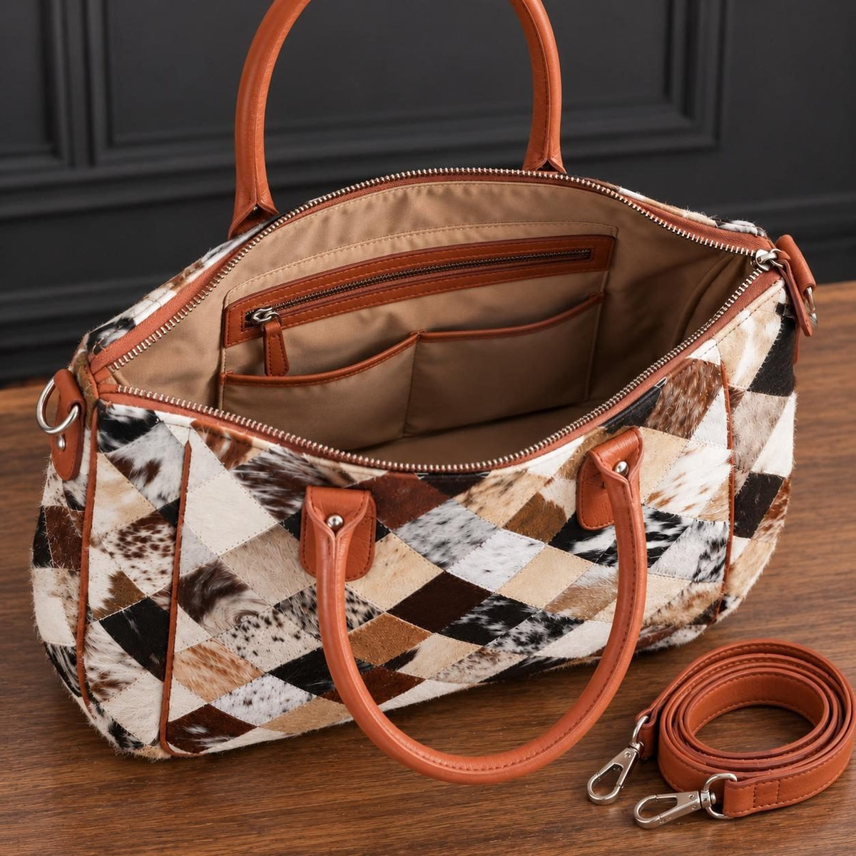 Women's Woven Patchwork Cowhide Handbag
