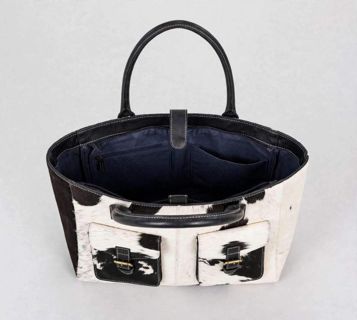 Women's Black & White Cowhide Pocket Tote