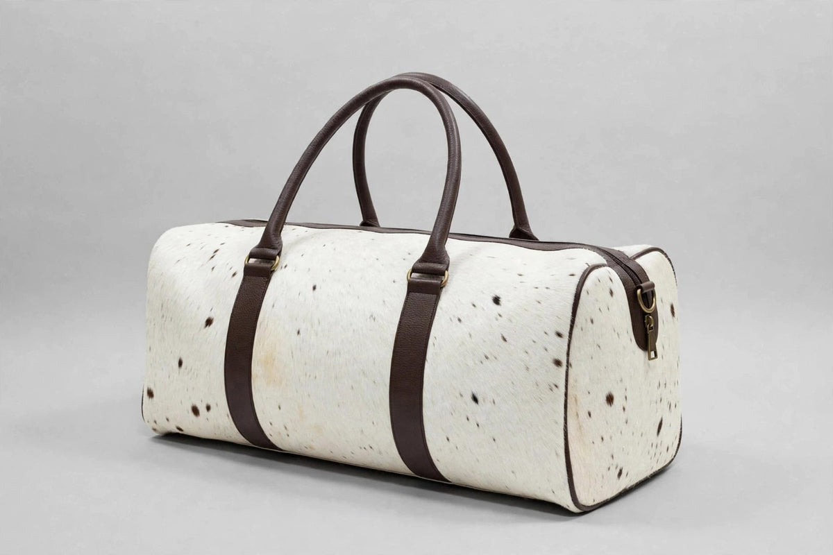 White & Brown Speckle Cowhide Leather Duffel Bag