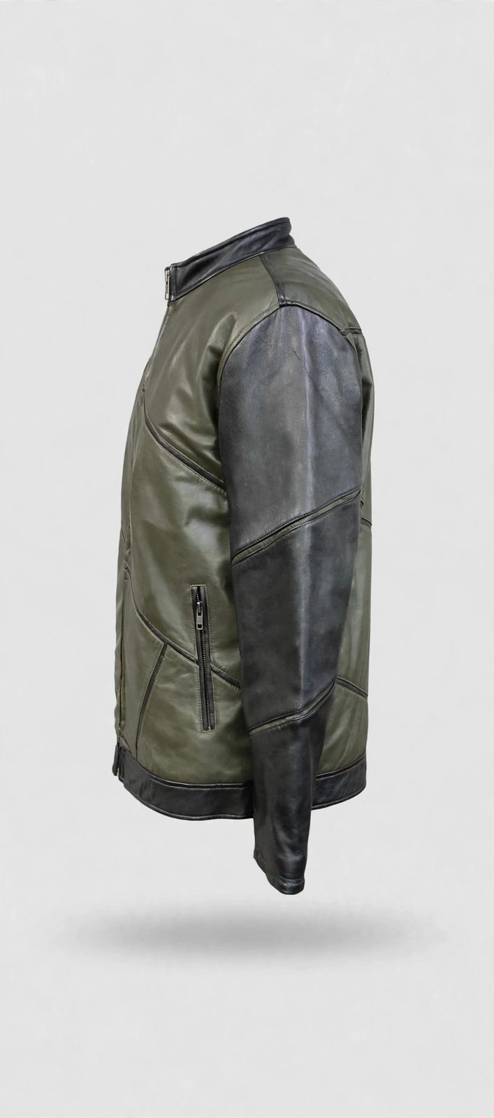 Men's Olive Diagonal Panel Leather Jacket