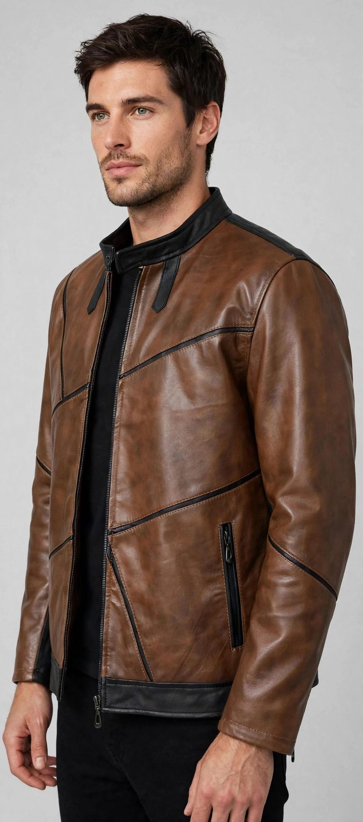 Men's Brown Leather Jacket with Black Trim