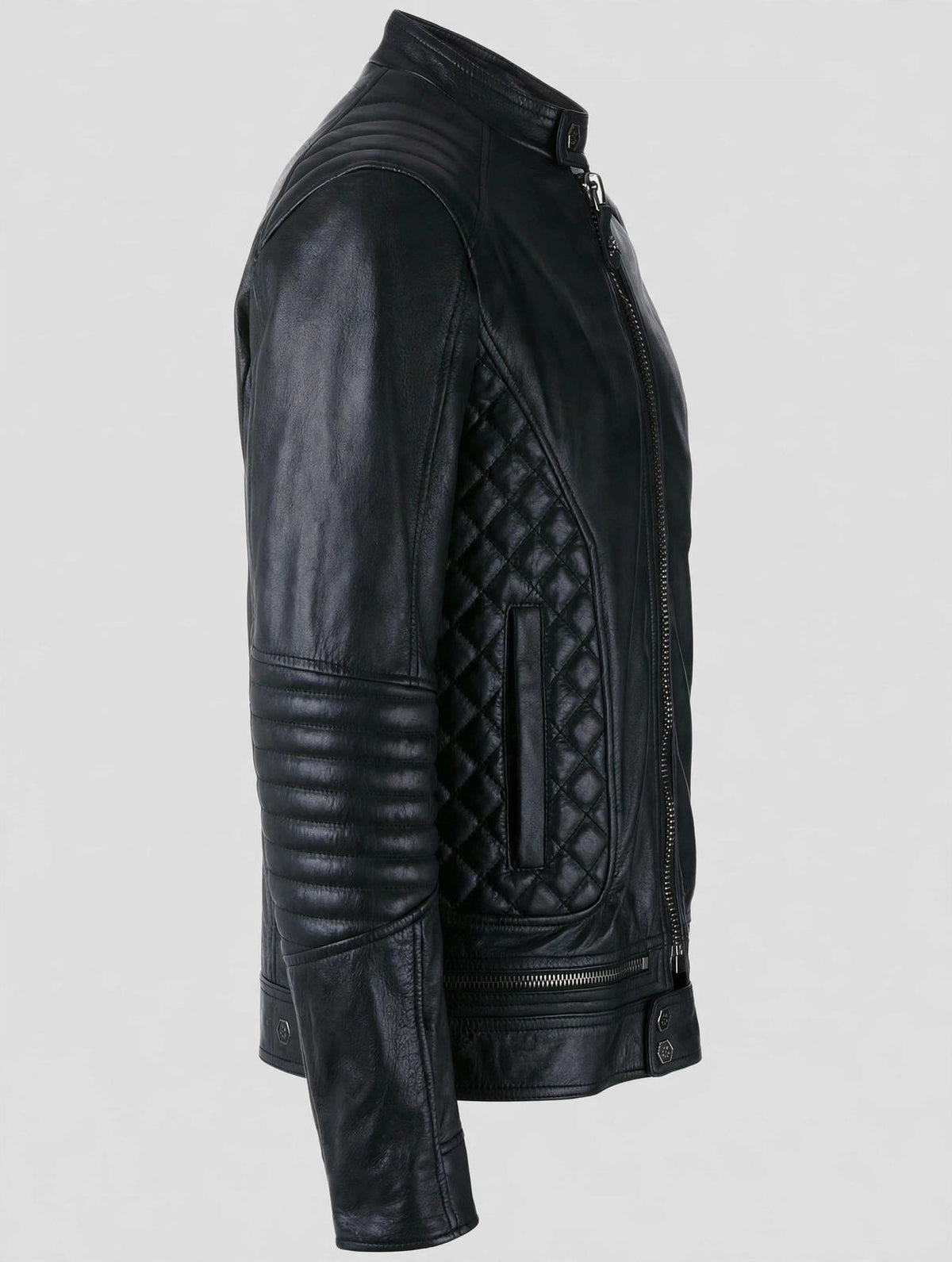 Men's Black Quilted Panel Leather Jacket