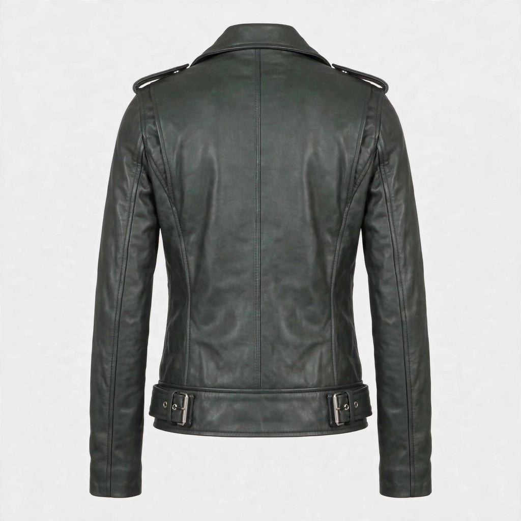 Women's Dark Green Leather Biker Jacket