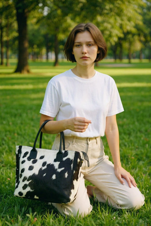 ZULVIQUE black and white cowhide tote ZLV-016 detail view