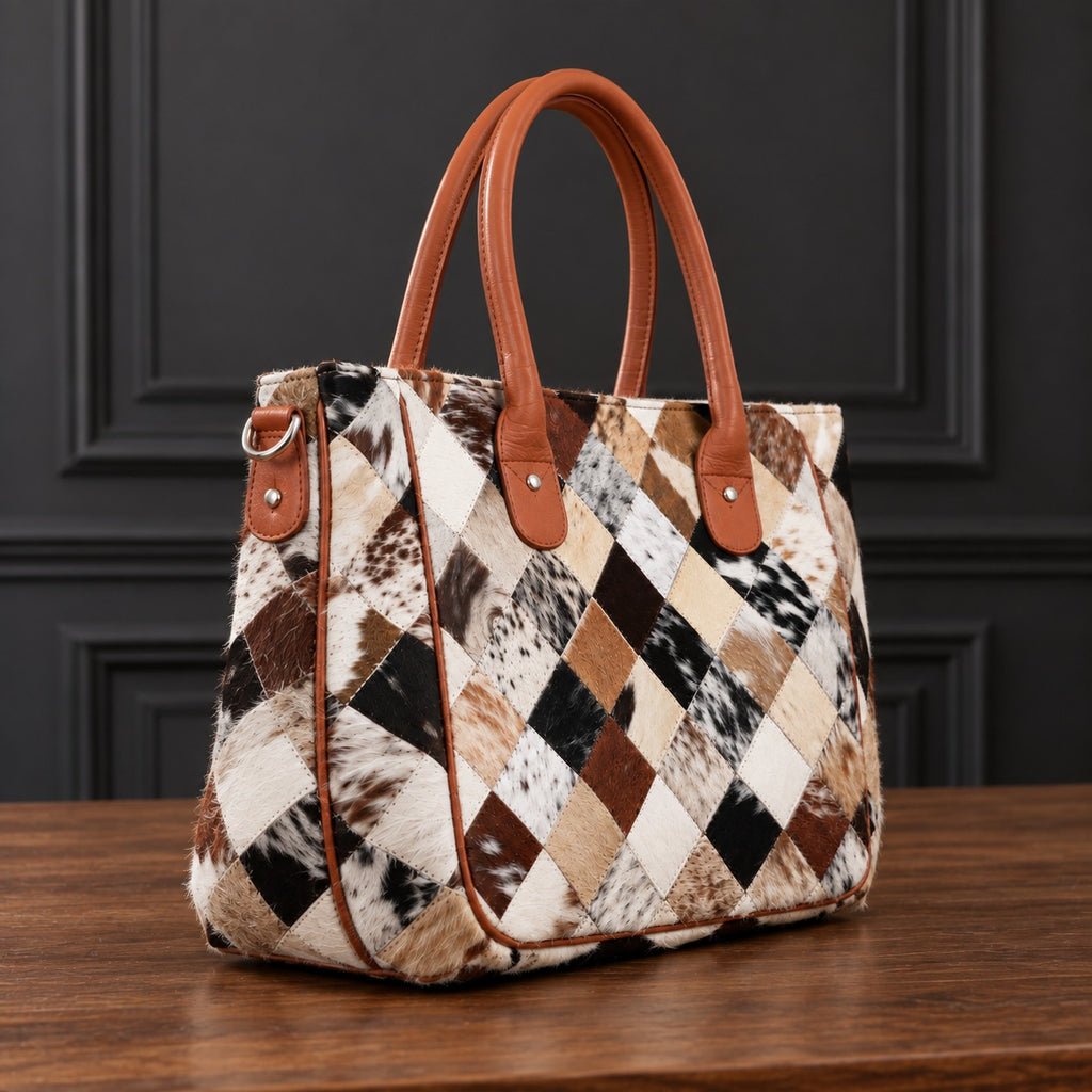 Brown & White Cowhide Patchwork Tote — ZULVIQUE ZLV-007