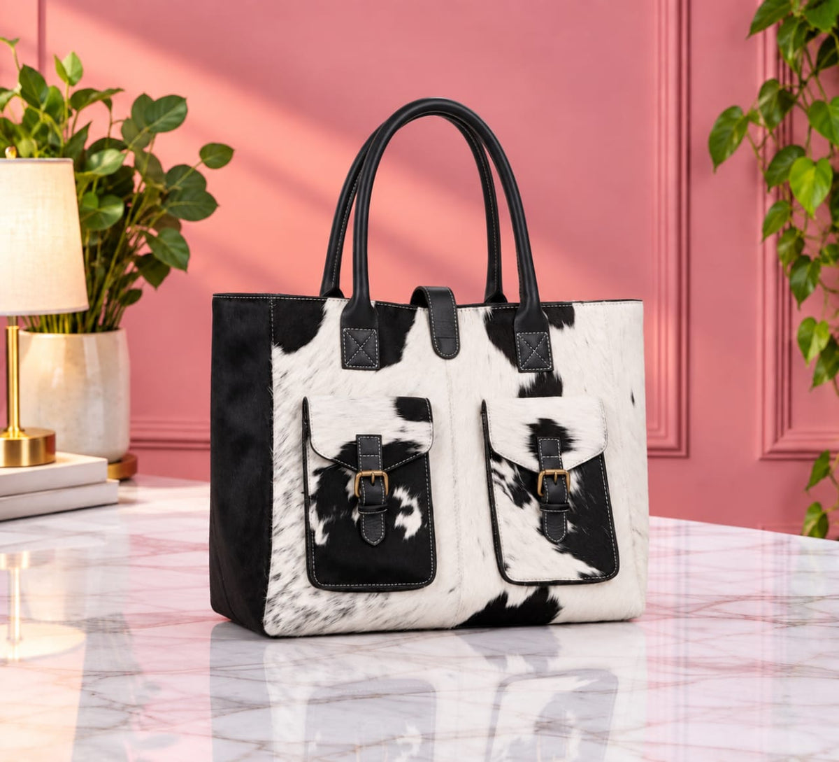 Black & White Cowhide Tote — 16 in — ZULVIQUE ZLV-008