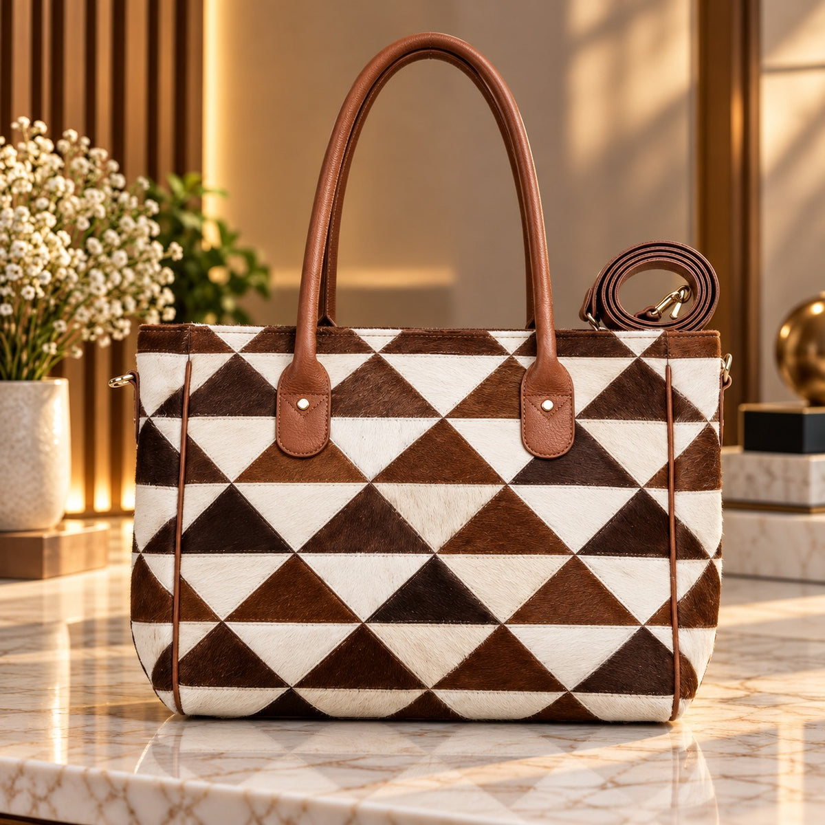 Brown & White Triangle Patchwork Tote — ZULVIQUE ZLV-013