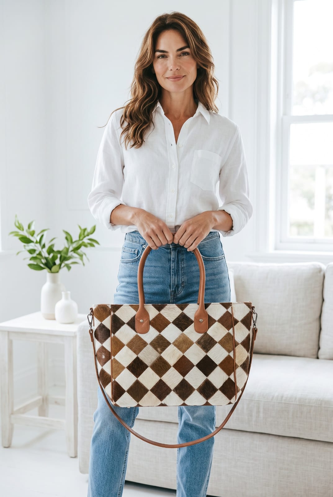Brown & White Diamond Patchwork Tote — ZULVIQUE ZLV-014