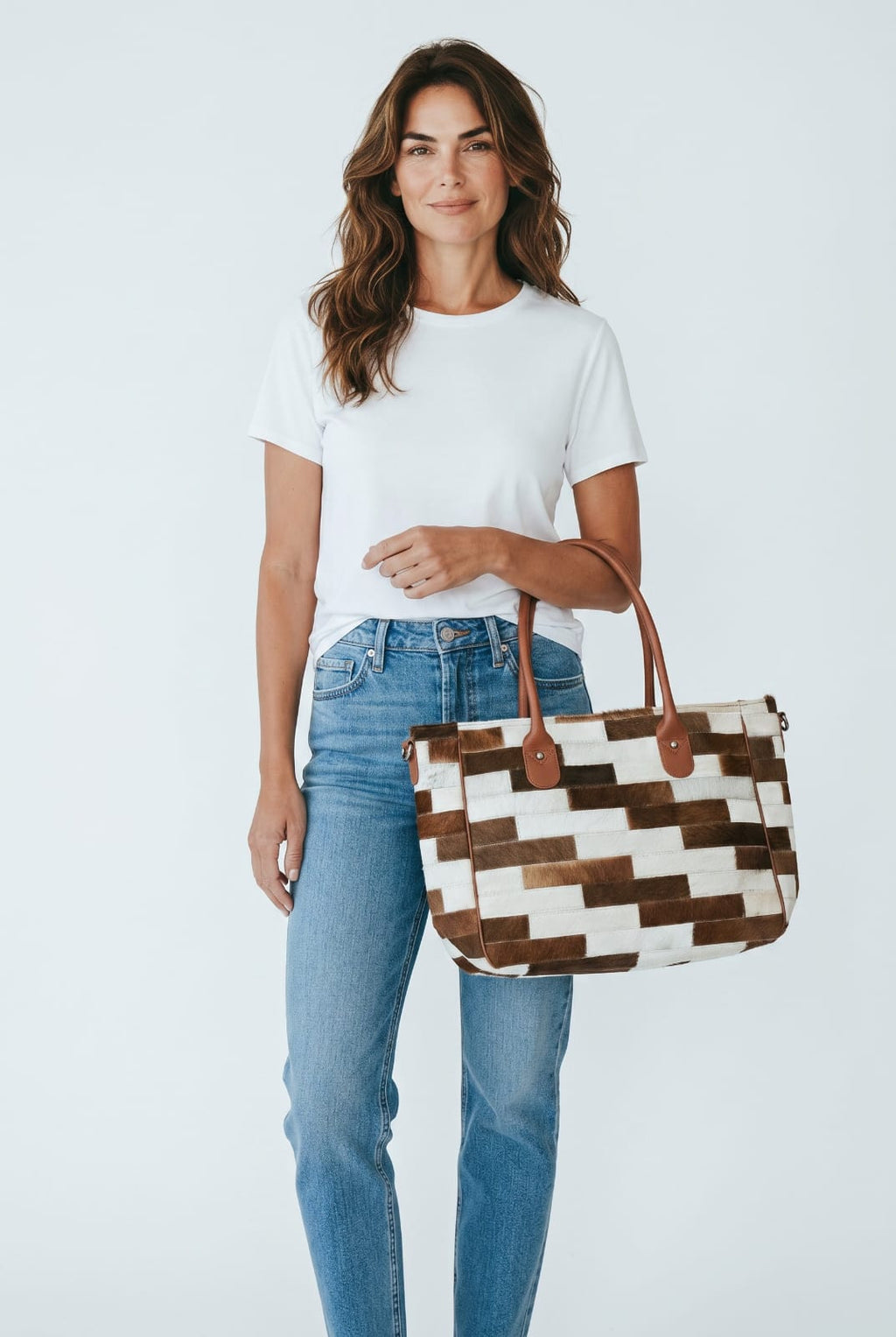 Brown & Cream Cowhide Patchwork Tote — 16 in — ZULVIQUE ZLV-015