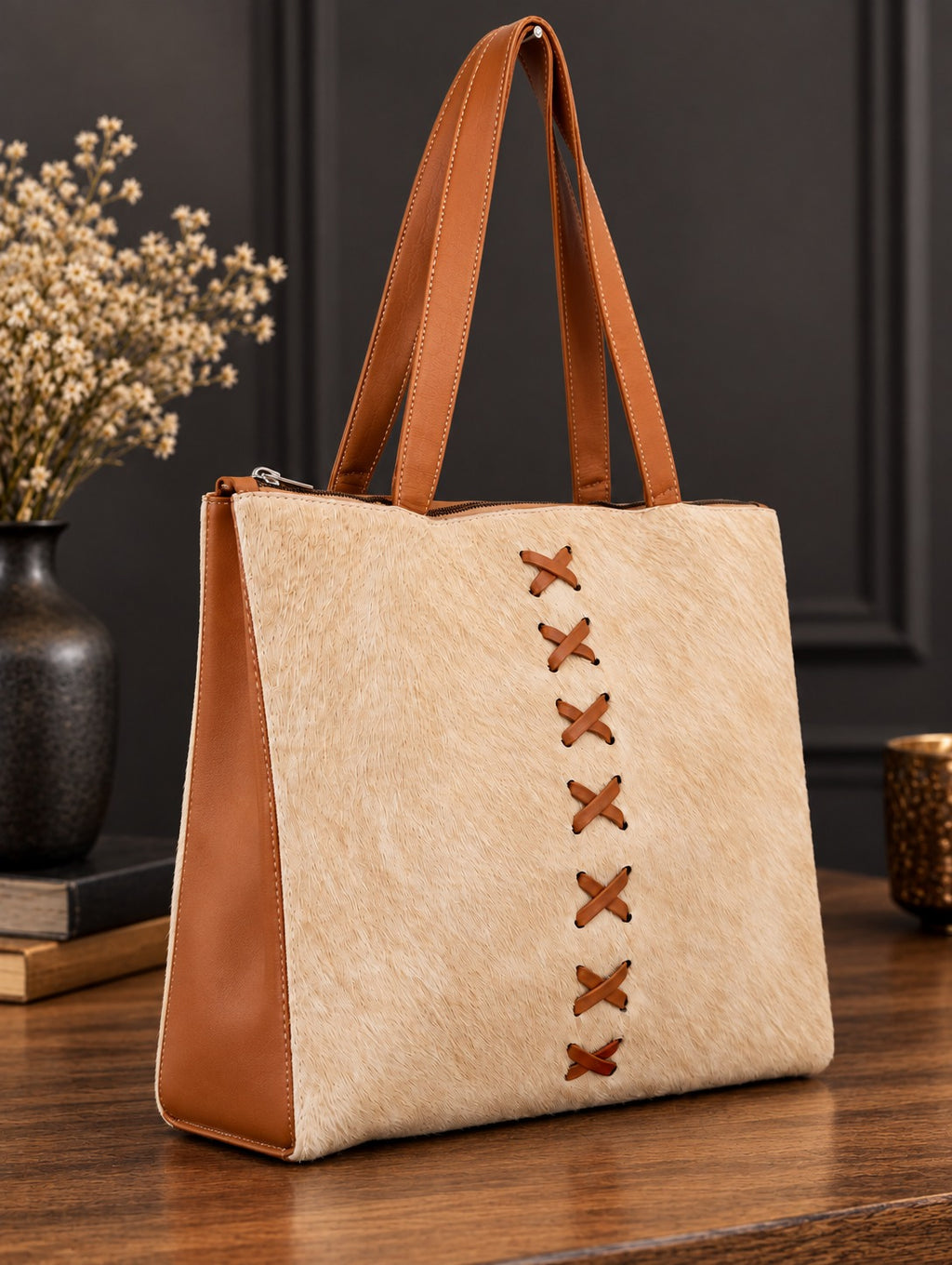Cream White Cowhide Tote with Stitch Accents ZULVIQUE ZLV-021